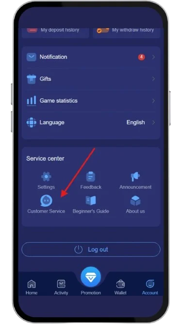 Tap the “Customer service” option by scrolling down